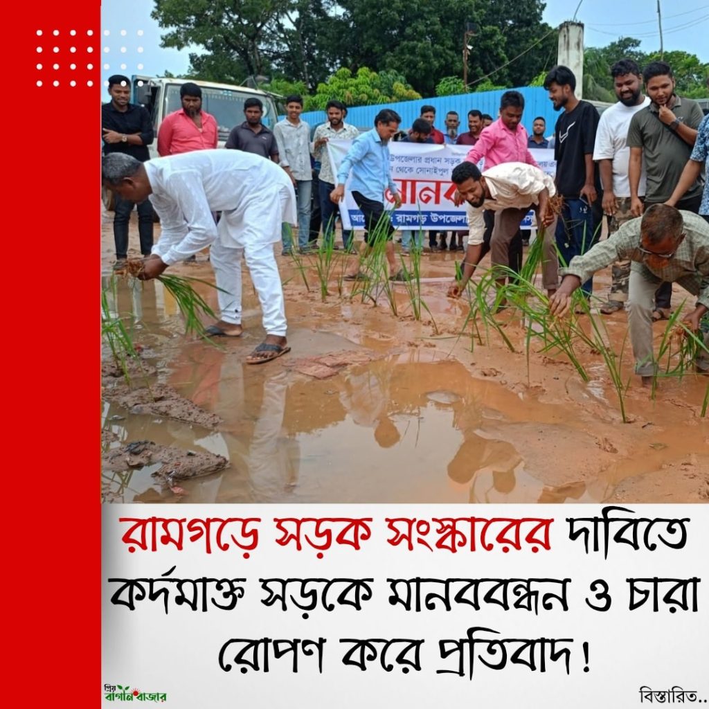 রামগড়ে সড়ক সংস্কারের দাবিতে কর্দমাক্ত সড়কে মানববন্ধন ও চারা রোপণ করে প্রতিবাদ